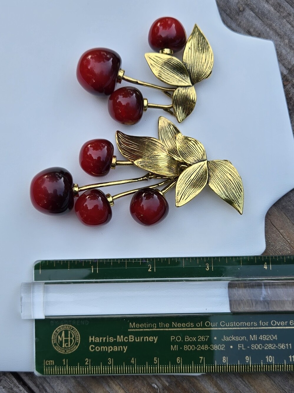 Chunky Cherry Drop Earrings Brass Gold Tone with Red Glass Cherries